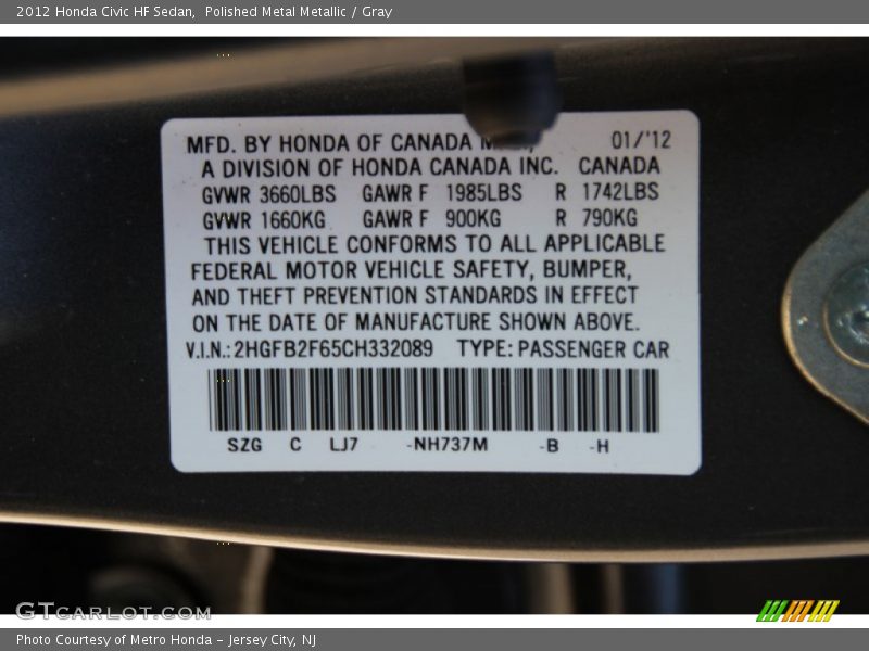 Polished Metal Metallic / Gray 2012 Honda Civic HF Sedan