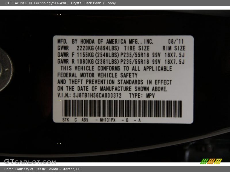 Crystal Black Pearl / Ebony 2012 Acura RDX Technology SH-AWD