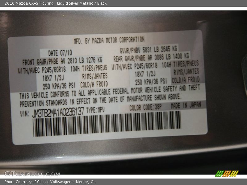 Liquid Silver Metallic / Black 2010 Mazda CX-9 Touring