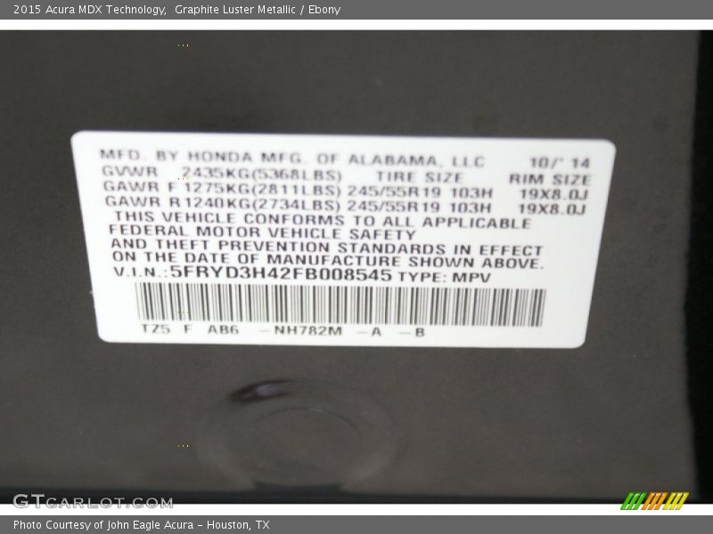 Graphite Luster Metallic / Ebony 2015 Acura MDX Technology