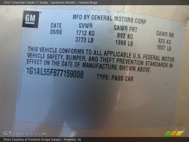 Sandstone Metallic / Neutral Beige 2007 Chevrolet Cobalt LT Sedan