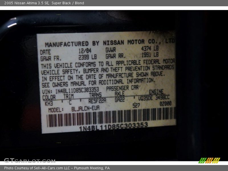 Super Black / Blond 2005 Nissan Altima 3.5 SE