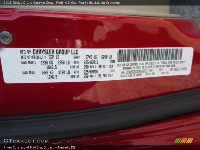 Redline 2 Coat Pearl / Black/Light Graystone 2013 Dodge Grand Caravan Crew