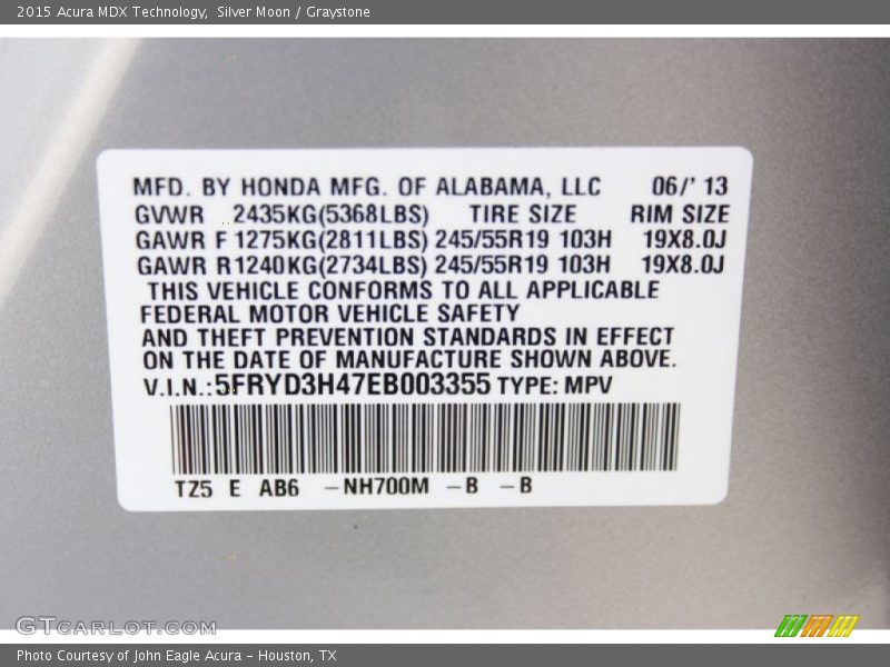 Silver Moon / Graystone 2015 Acura MDX Technology