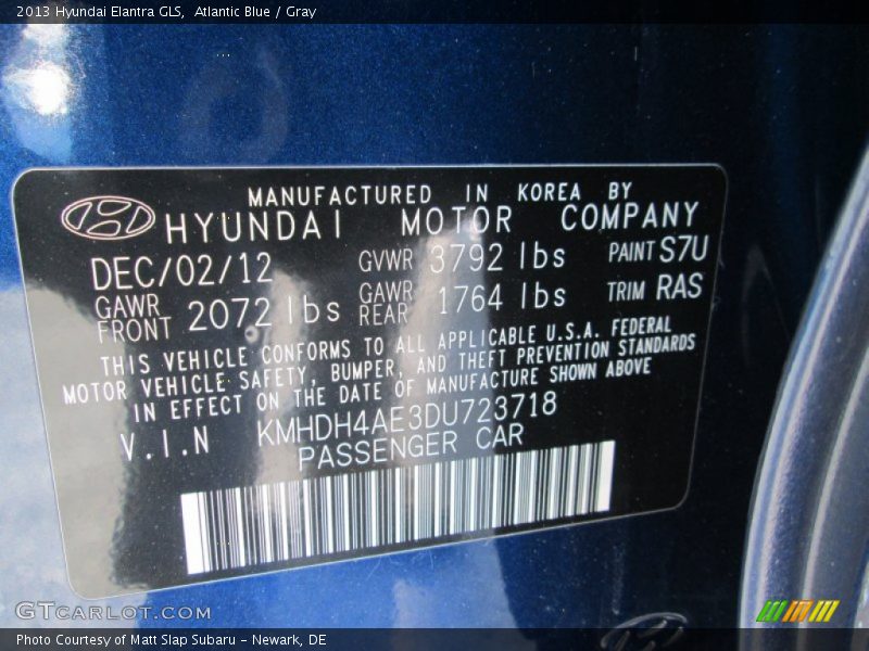 Atlantic Blue / Gray 2013 Hyundai Elantra GLS