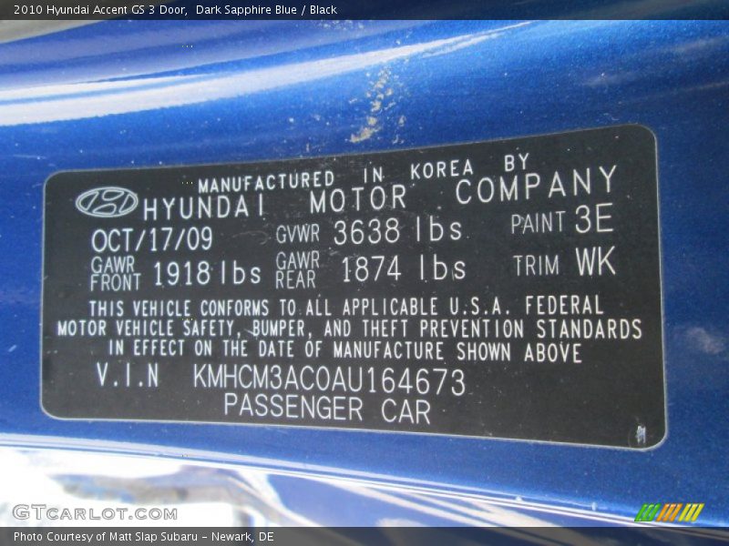 Dark Sapphire Blue / Black 2010 Hyundai Accent GS 3 Door