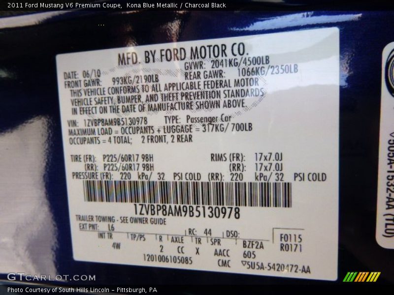 Kona Blue Metallic / Charcoal Black 2011 Ford Mustang V6 Premium Coupe