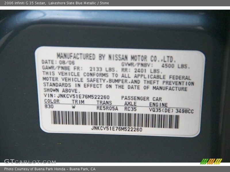 Lakeshore Slate Blue Metallic / Stone 2006 Infiniti G 35 Sedan