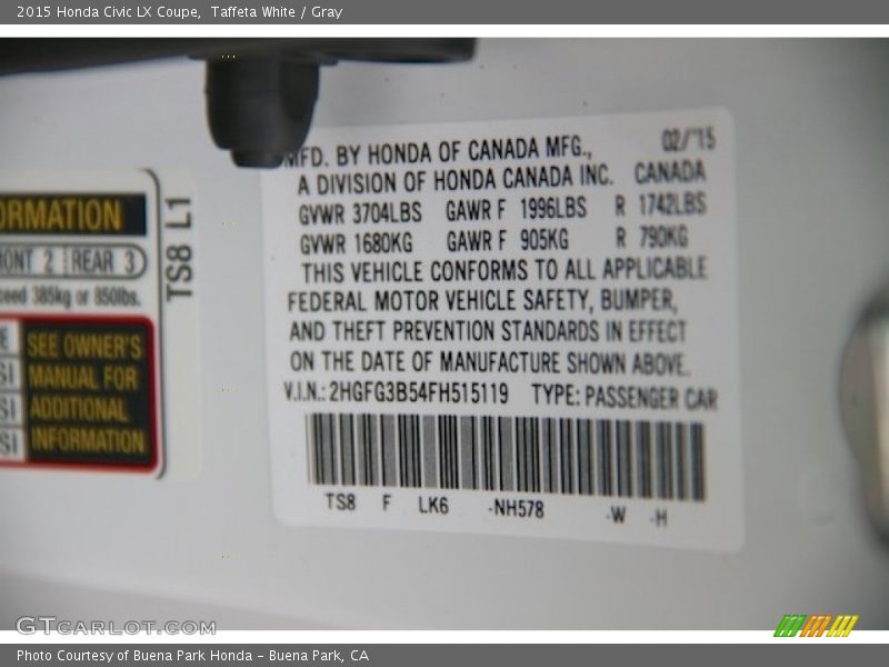 Taffeta White / Gray 2015 Honda Civic LX Coupe