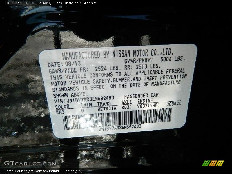 2014 Q 50 3.7 AWD Black Obsidian Color Code KH3