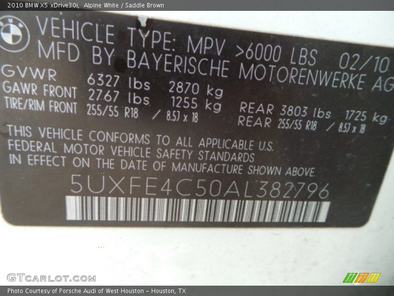 Alpine White / Saddle Brown 2010 BMW X5 xDrive30i