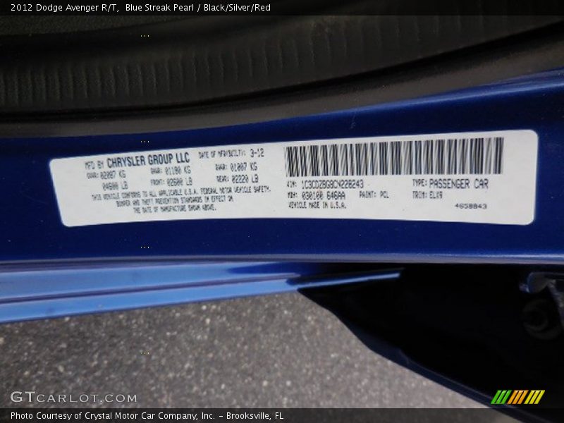 Blue Streak Pearl / Black/Silver/Red 2012 Dodge Avenger R/T