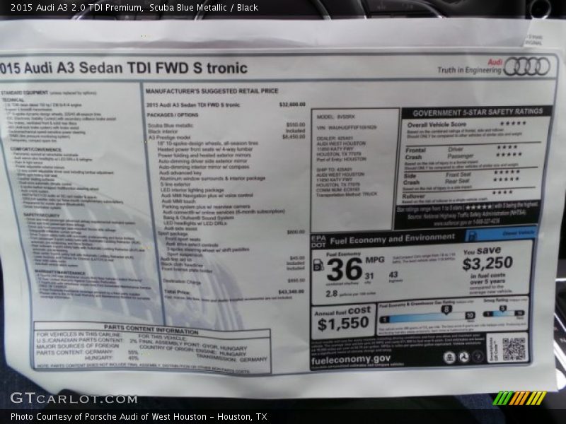  2015 A3 2.0 TDI Premium Window Sticker