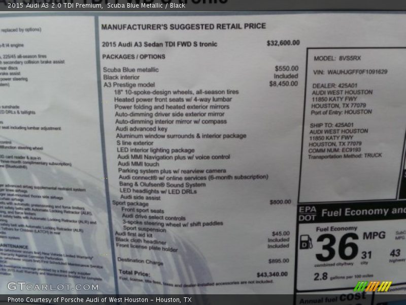  2015 A3 2.0 TDI Premium Window Sticker