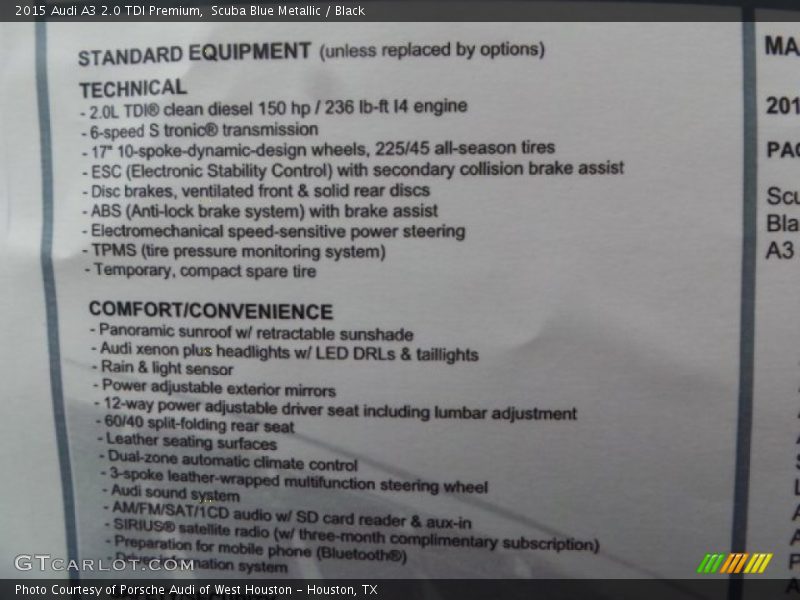  2015 A3 2.0 TDI Premium Window Sticker