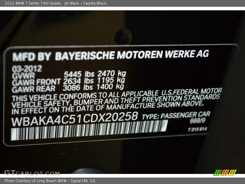 Jet Black / Saddle/Black 2012 BMW 7 Series 740i Sedan