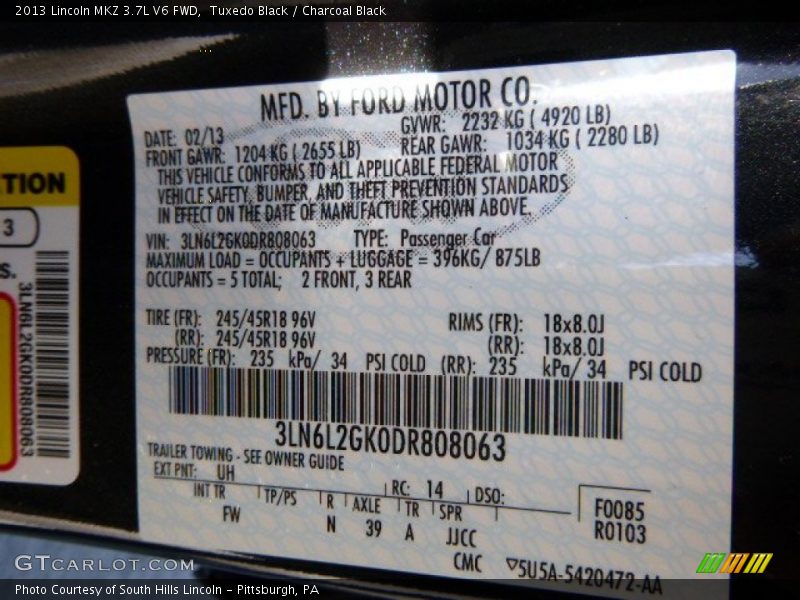 Tuxedo Black / Charcoal Black 2013 Lincoln MKZ 3.7L V6 FWD