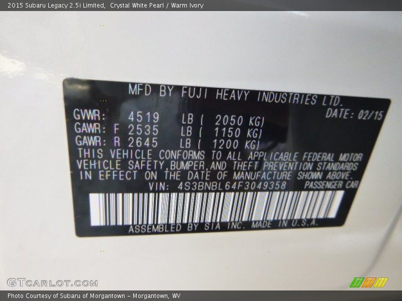 Crystal White Pearl / Warm Ivory 2015 Subaru Legacy 2.5i Limited