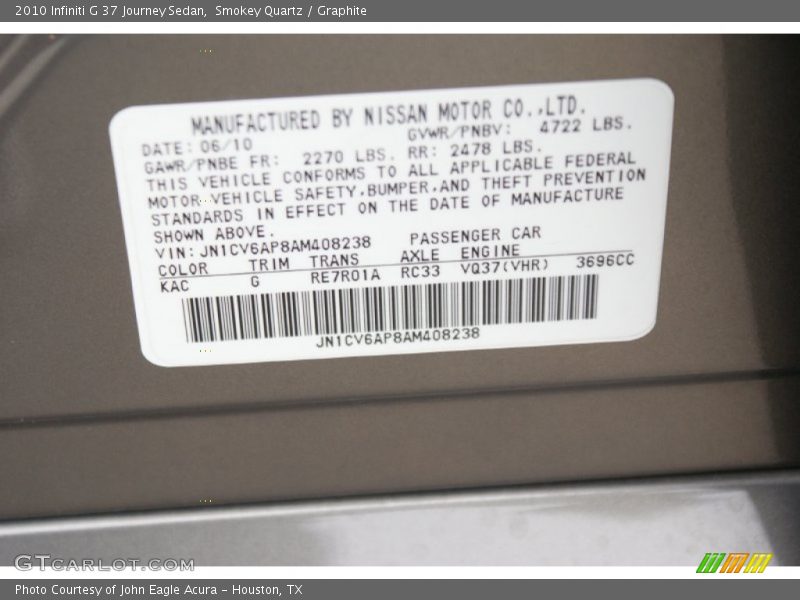 2010 G 37 Journey Sedan Smokey Quartz Color Code KAC
