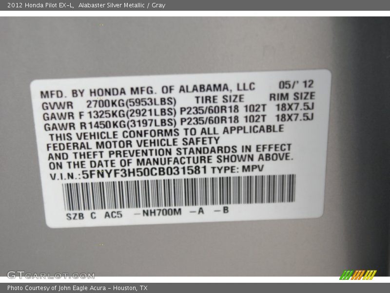 Alabaster Silver Metallic / Gray 2012 Honda Pilot EX-L
