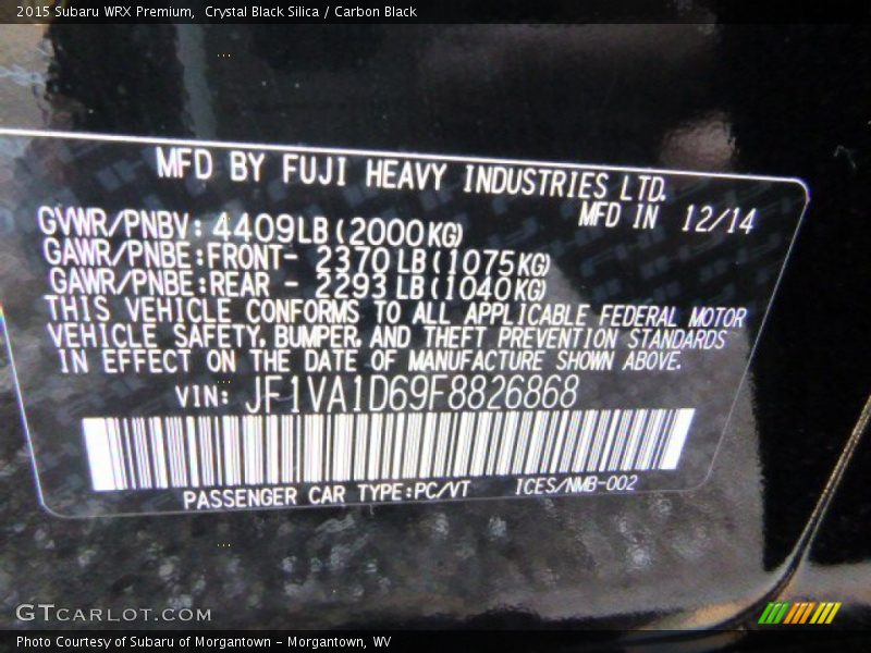 Crystal Black Silica / Carbon Black 2015 Subaru WRX Premium