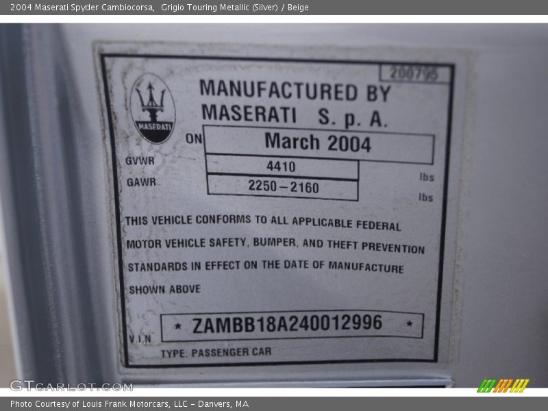 Info Tag of 2004 Spyder Cambiocorsa