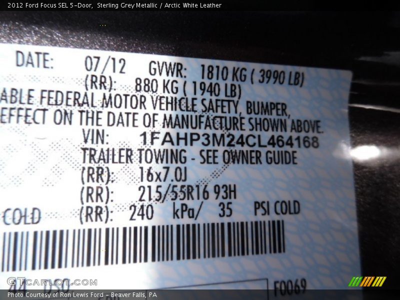 Sterling Grey Metallic / Arctic White Leather 2012 Ford Focus SEL 5-Door