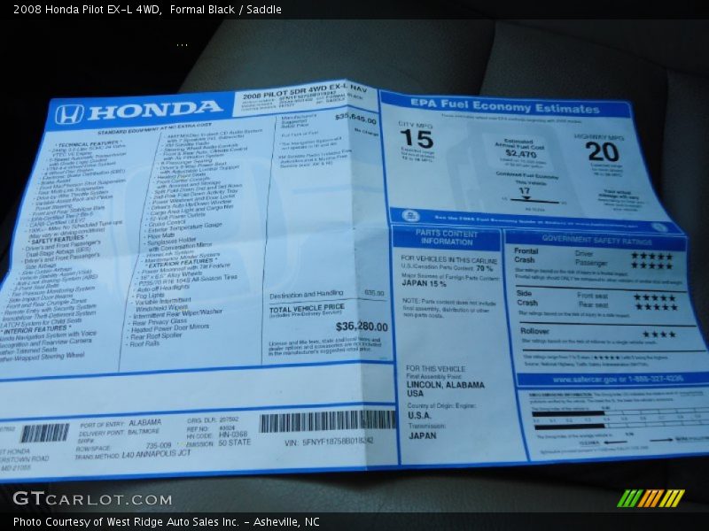 Formal Black / Saddle 2008 Honda Pilot EX-L 4WD