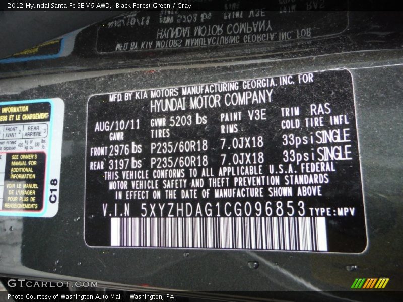 Black Forest Green / Gray 2012 Hyundai Santa Fe SE V6 AWD