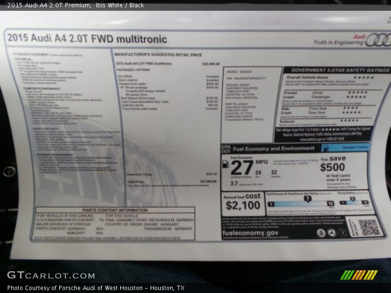 Ibis White / Black 2015 Audi A4 2.0T Premium