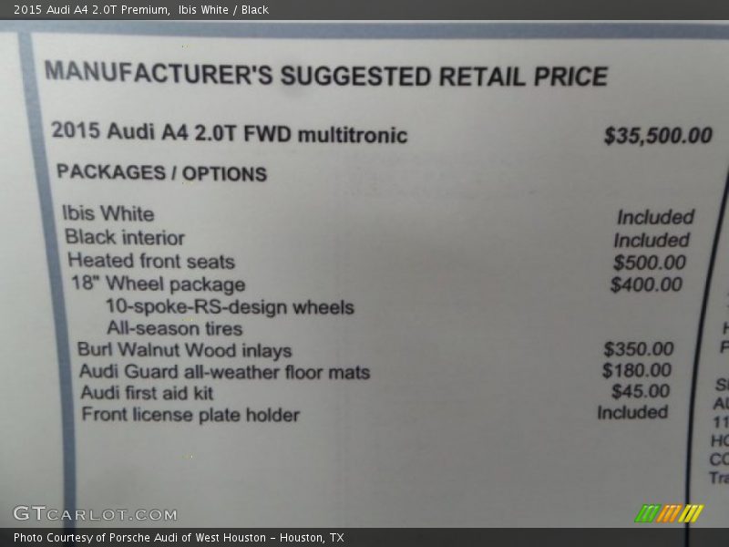 Ibis White / Black 2015 Audi A4 2.0T Premium