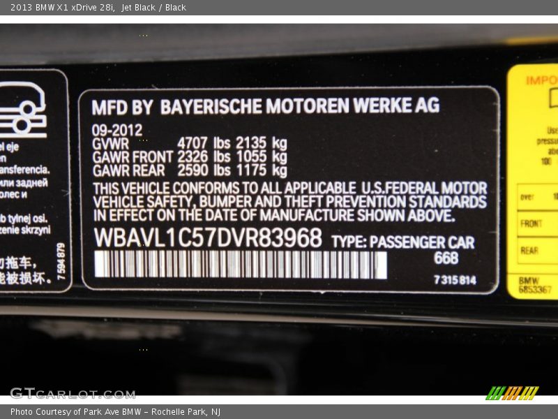 2013 X1 xDrive 28i Jet Black Color Code 668