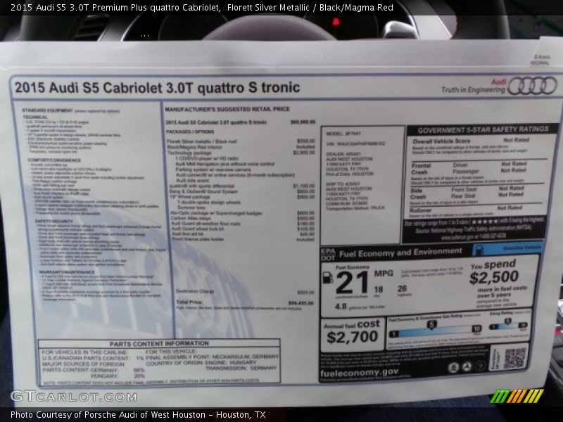  2015 S5 3.0T Premium Plus quattro Cabriolet Window Sticker