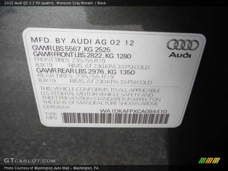 Monsoon Gray Metallic / Black 2012 Audi Q5 3.2 FSI quattro