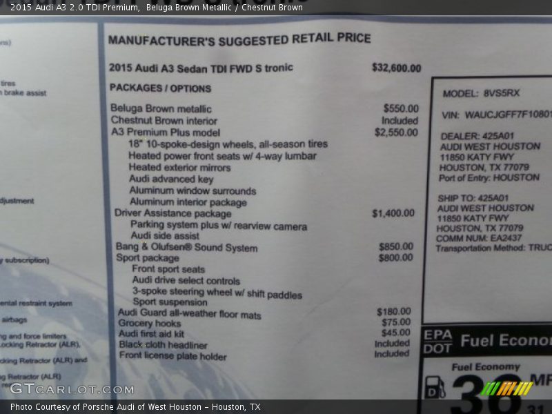  2015 A3 2.0 TDI Premium Window Sticker