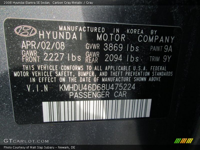 Carbon Gray Metallic / Gray 2008 Hyundai Elantra SE Sedan