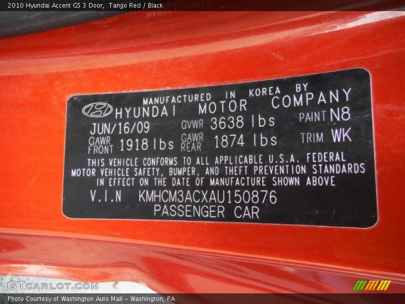 Tango Red / Black 2010 Hyundai Accent GS 3 Door