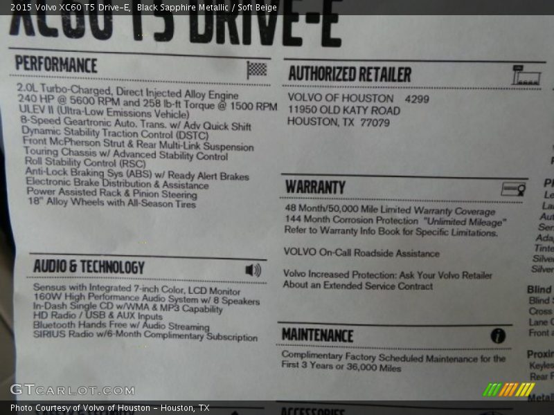 Black Sapphire Metallic / Soft Beige 2015 Volvo XC60 T5 Drive-E