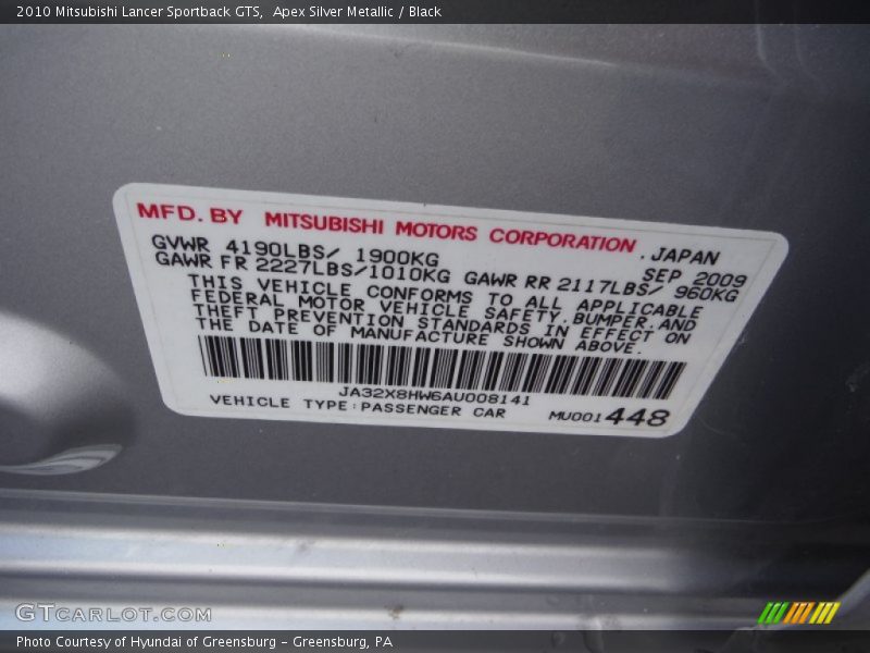 Apex Silver Metallic / Black 2010 Mitsubishi Lancer Sportback GTS