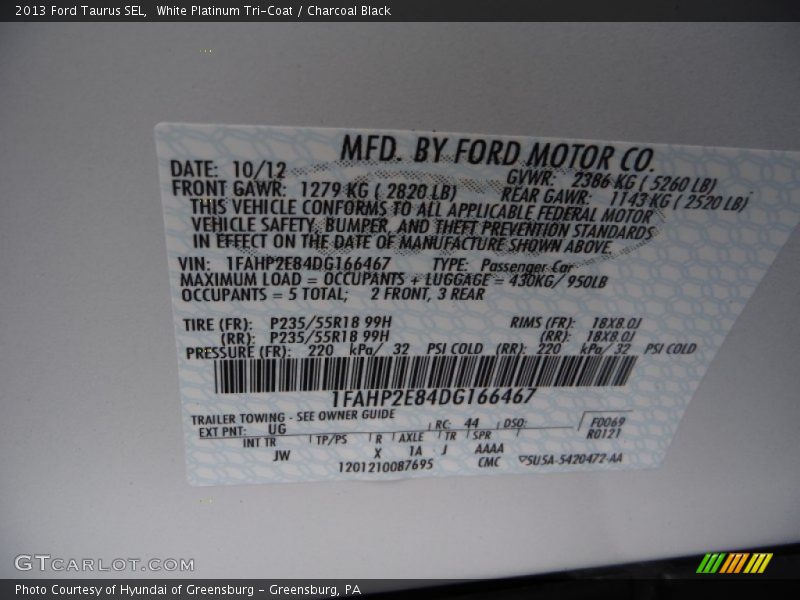 White Platinum Tri-Coat / Charcoal Black 2013 Ford Taurus SEL