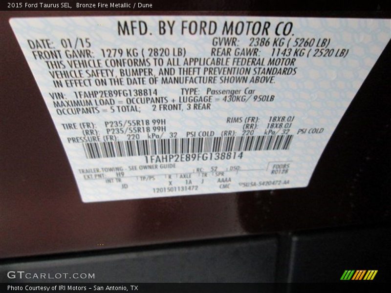 Bronze Fire Metallic / Dune 2015 Ford Taurus SEL