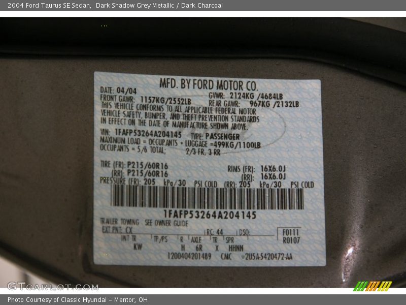 2004 Taurus SE Sedan Dark Shadow Grey Metallic Color Code CX