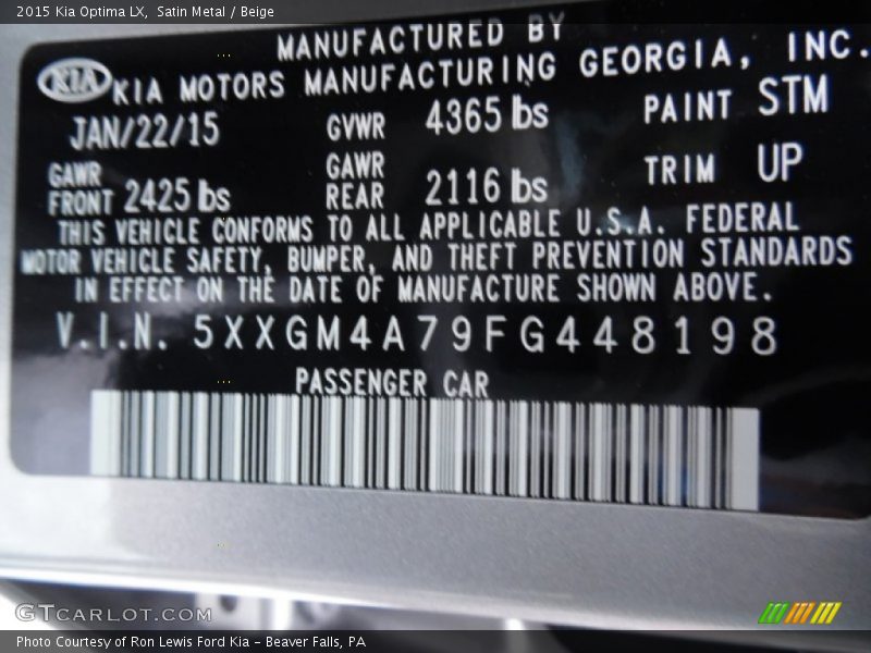 Satin Metal / Beige 2015 Kia Optima LX