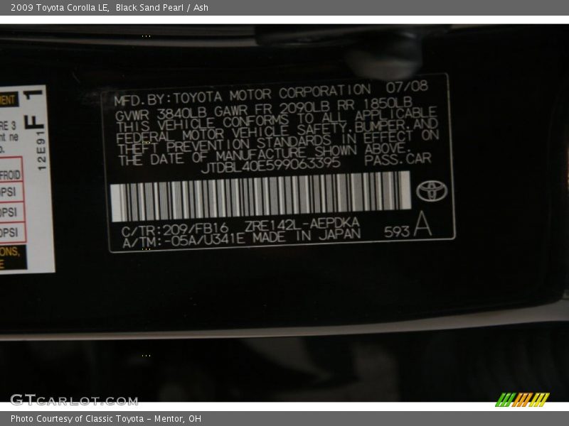 Black Sand Pearl / Ash 2009 Toyota Corolla LE