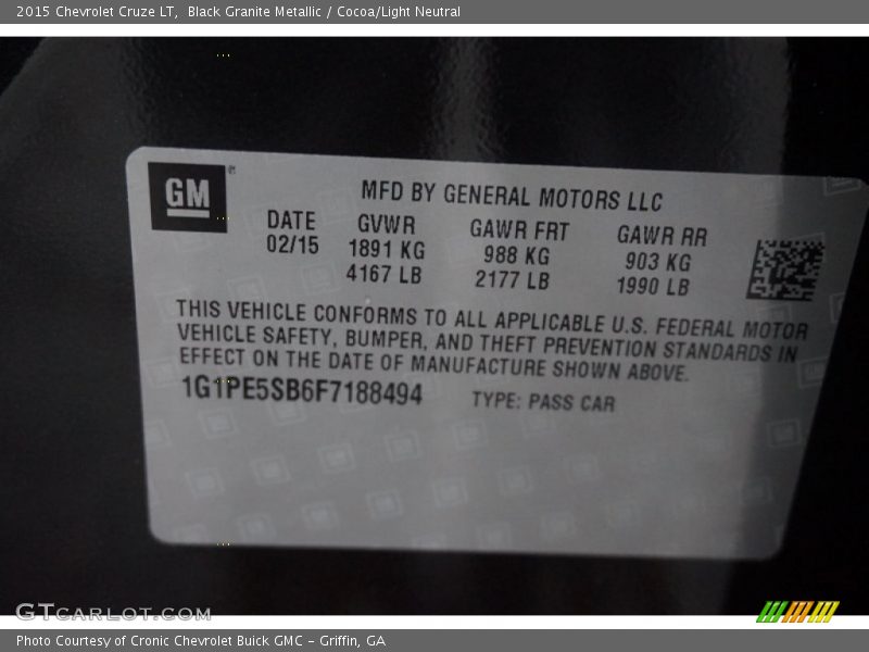 Black Granite Metallic / Cocoa/Light Neutral 2015 Chevrolet Cruze LT