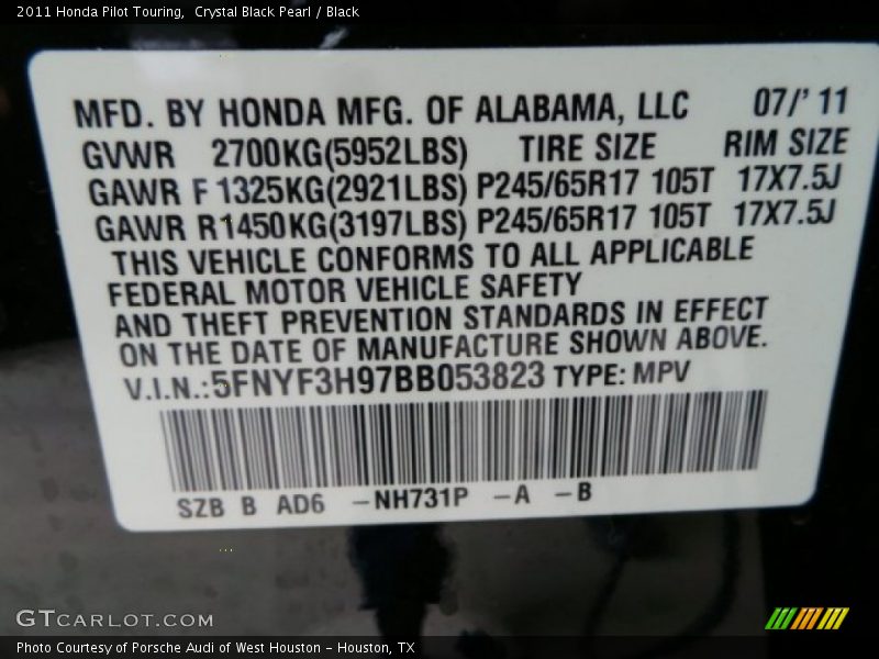 Crystal Black Pearl / Black 2011 Honda Pilot Touring