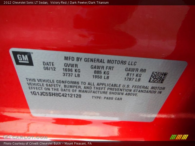 Victory Red / Dark Pewter/Dark Titanium 2012 Chevrolet Sonic LT Sedan