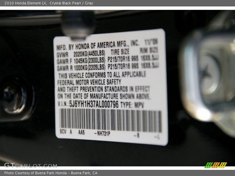 Crystal Black Pearl / Gray 2010 Honda Element LX