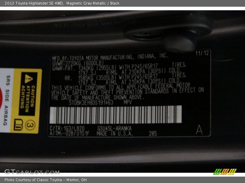 Magnetic Gray Metallic / Black 2013 Toyota Highlander SE 4WD