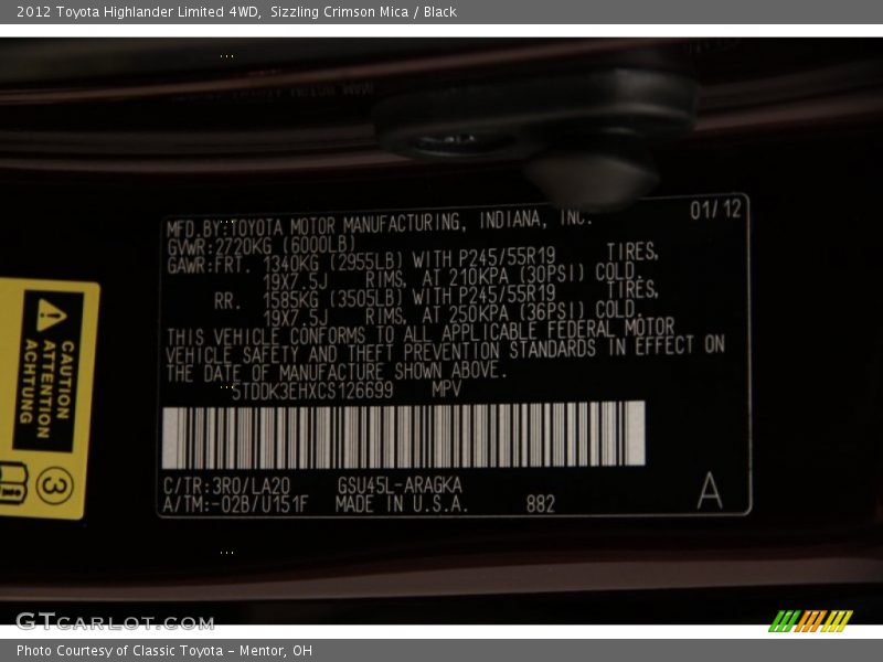 2012 Highlander Limited 4WD Sizzling Crimson Mica Color Code 3R0